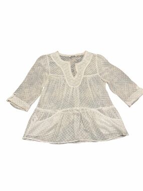 DANIEL RAINN Sheer White Blouse Roll Tab Sleeve MED Pockets Polka Dot Lace STAIN
